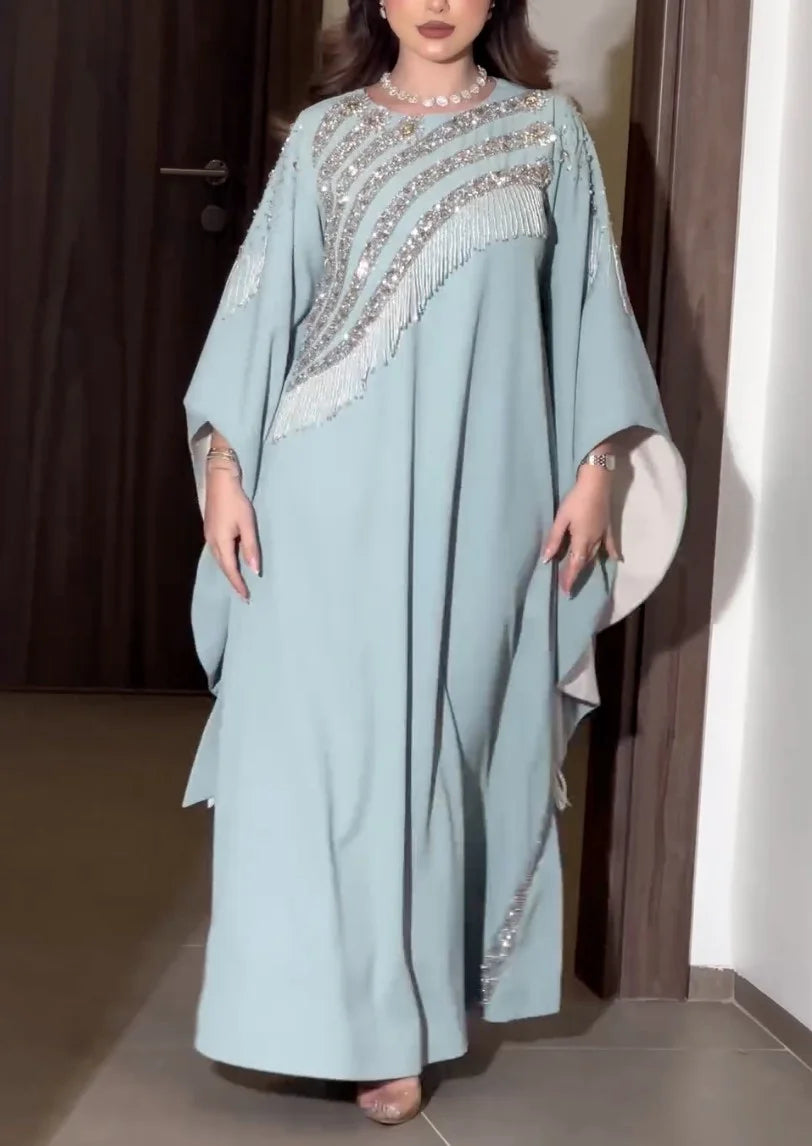 فساتين طويلة لامعة غير رسمية بلون أزرق فاتح بلون سادة