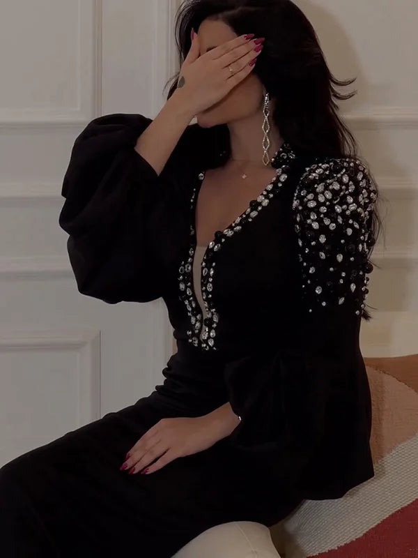 حجر الراين الأسود كل مباراة ليث فساتين ماكسي لامعة